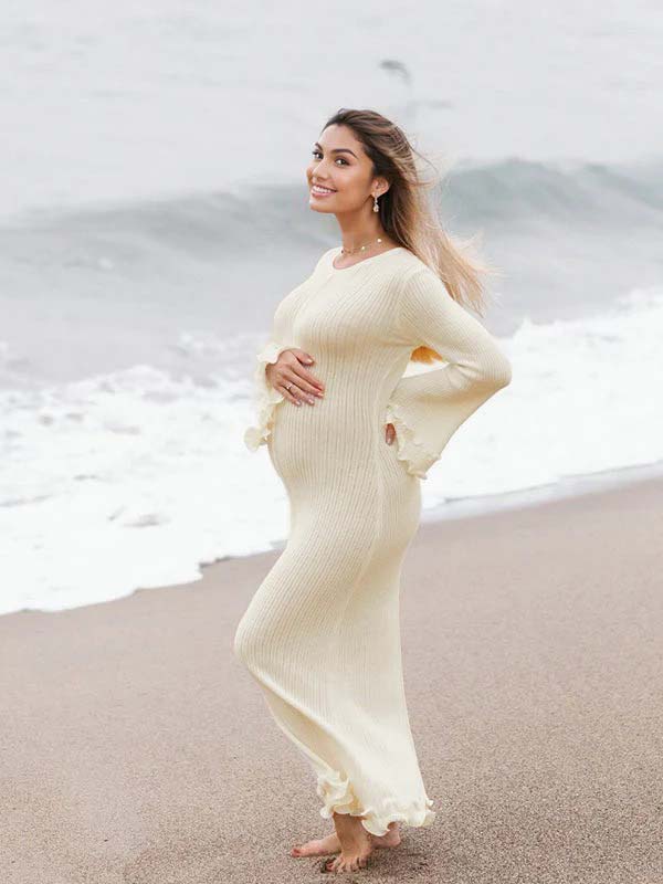 Beaumama robe shooting longue grossesse vacances crochet tricot volants dos nu fluide femme enceinte