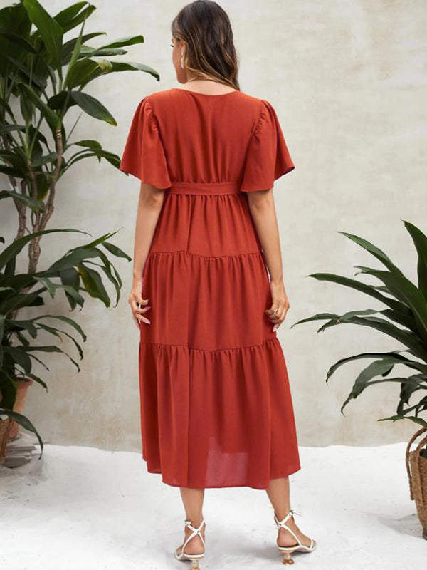 Beaumama robe décontracté longue grossesse vacances ceinture volants fluide femme enceinte