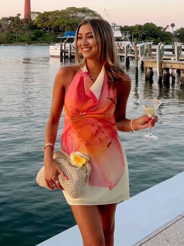 Robes courte grossesse imprimé fleurie dos nu rose