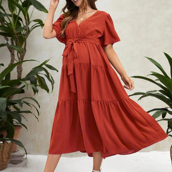 Beaumama robe décontracté longue grossesse vacances ceinture volants fluide femme enceinte