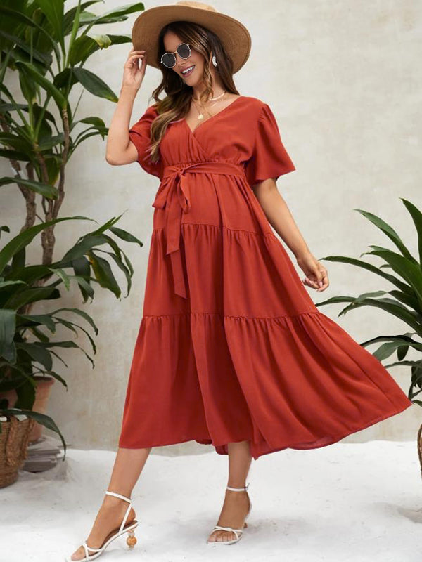 Beaumama robe décontracté longue grossesse vacances ceinture volants fluide femme enceinte