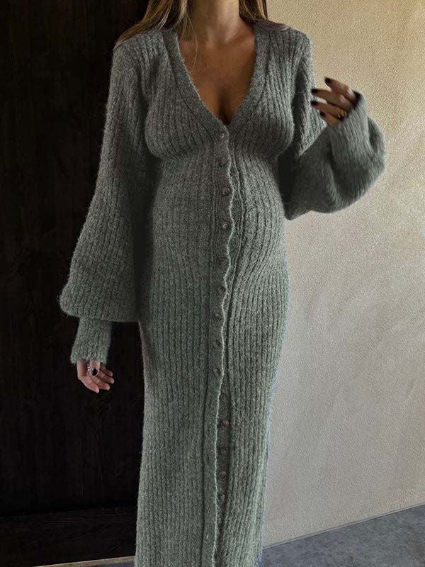 Beaumama robe pulls longue grossesse casual chic crochet tricot boutonnage manchon de lanterne femme enceinte