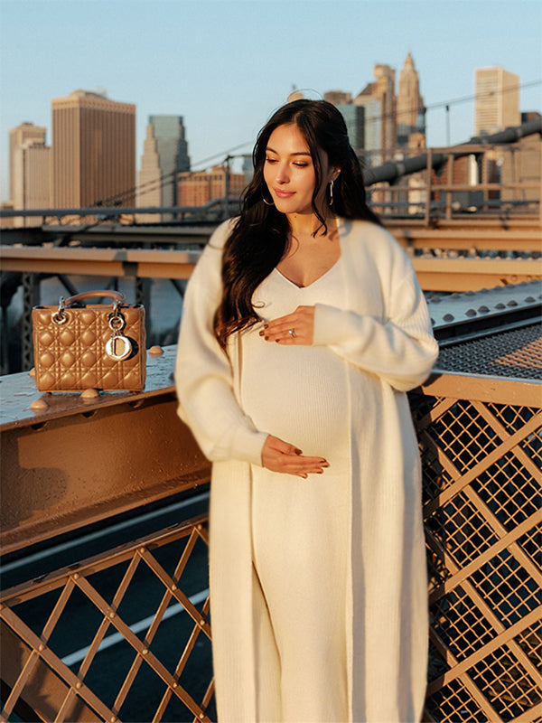 Beaumama robe pulls longue grossesse vacances élégant 2 pièces crochet tricot moulante  femme enceinte