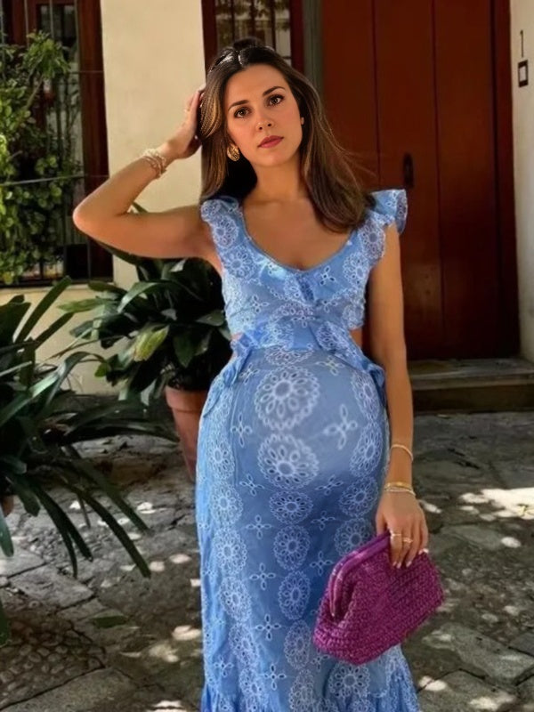 Robe longue grossesse tribal volants dos nu bleu