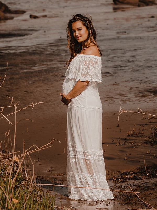 Beaumama robes longue grossesse photoshoot dentelle épaules dénudées bohème femme enceinte