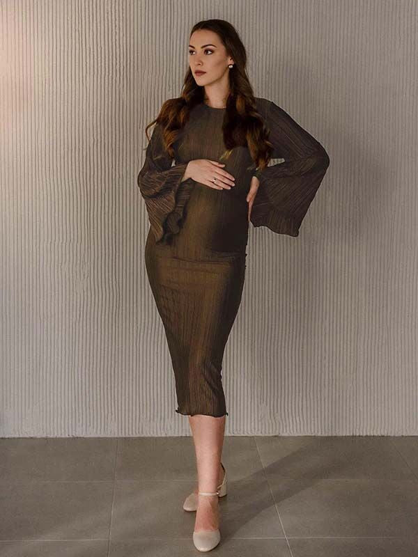 Beaumama robes mi-longue grossesse ceinture plissé col rond manches trompette élégant femme enceinte