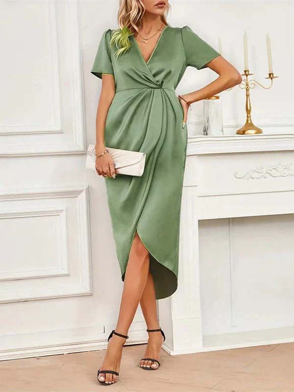 Robe mi-longue grossesse plissé fendu le côté vert