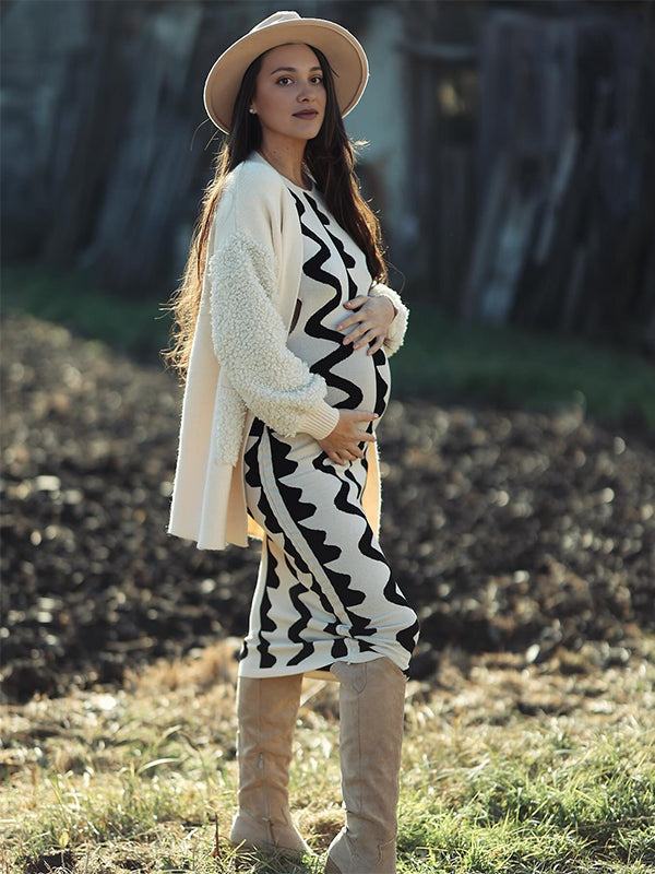 Beaumama robe longue grossesse vacances shooting crochet tricot moulante bord ondulé femme enceinte