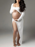 Beaumama robes photo longue grossesse élégant fluide fendu le côté découpe plissé  baby shower femme enceinte