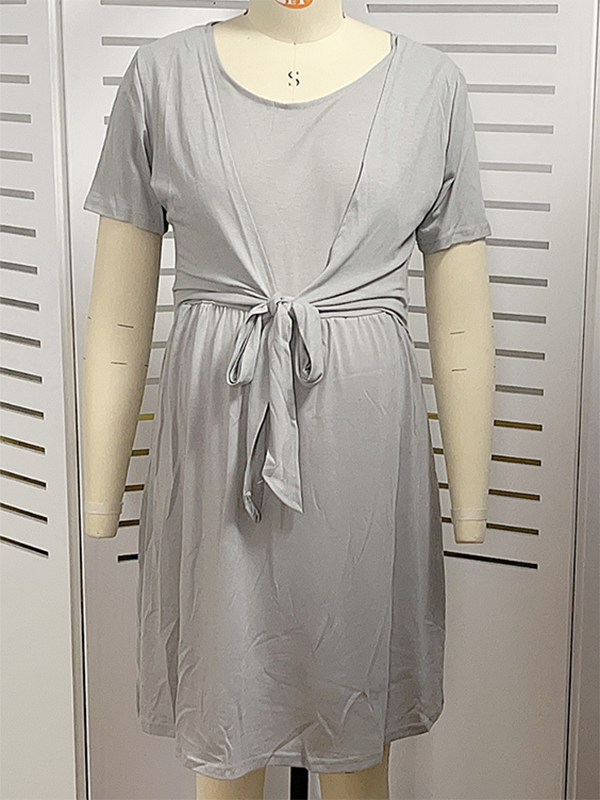 Beaumama robes mi-longue grossesse unicolore nœud papillon col rond robe allaitement femme enceinte
