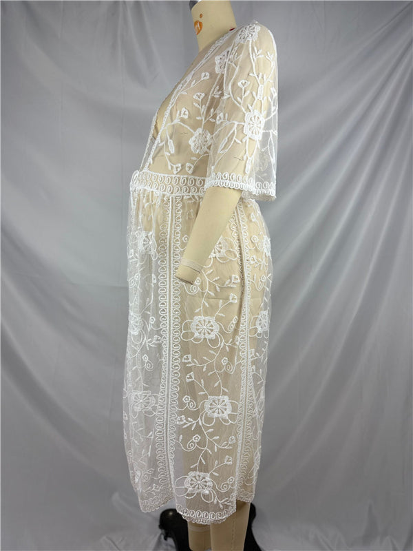 Beaumama robes photo mi-longue grossesse bohème dentelle transparent fente avant bord ondulé femme enceinte