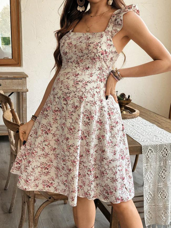 Beaumama robe décontracté courte grossesse vacances imprimé fleurie volants croisé dos trapèze femme enceinte