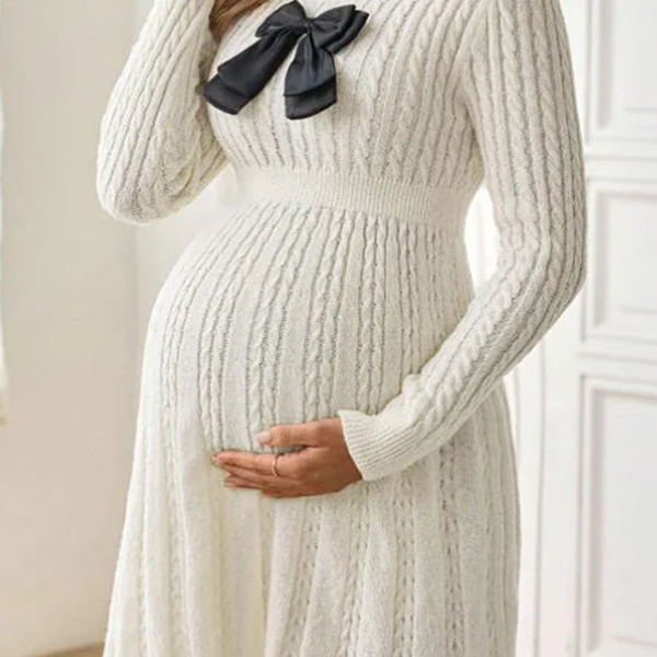 Beaumama robe pulls mi-longue grossesse élégant chic nœud papillon tricot torsadé trapèze femme enceinte