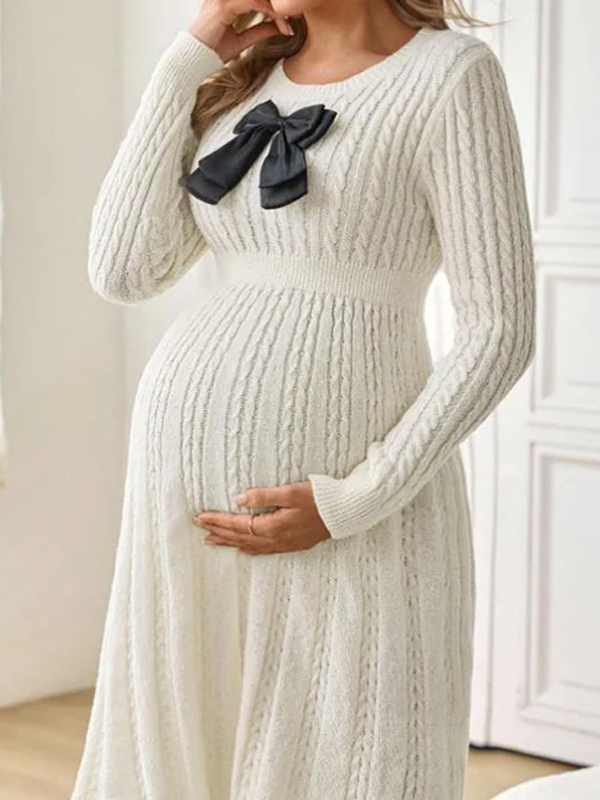 Beaumama robe pulls mi-longue grossesse élégant chic nœud papillon tricot torsadé trapèze femme enceinte