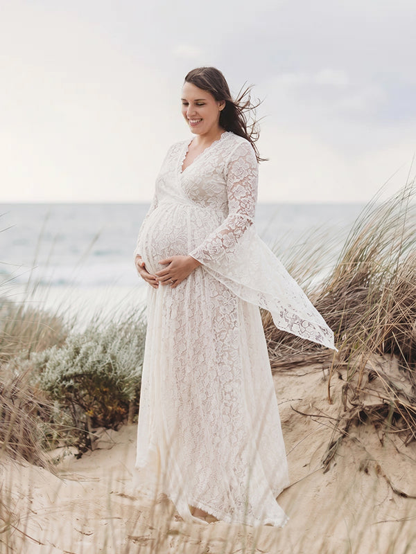 Beaumama robes photo longue grossesse Bohème élégant dentelle fendu le côté queue baby shower femme enceinte