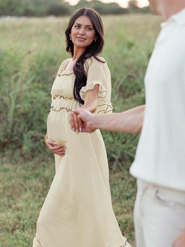 Beaumama robes longue grossesse manches trompette col bateau bustier plis femme enceinte