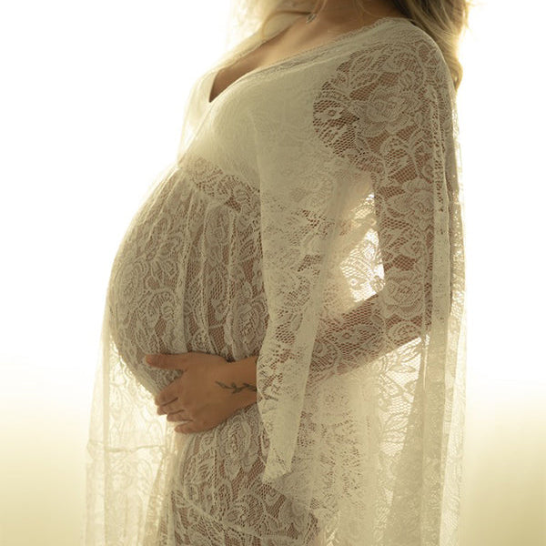 Beaumama robe shooting longue de grossesse séance photo à manches évasées en dentelle florale style bohème femme enceinte