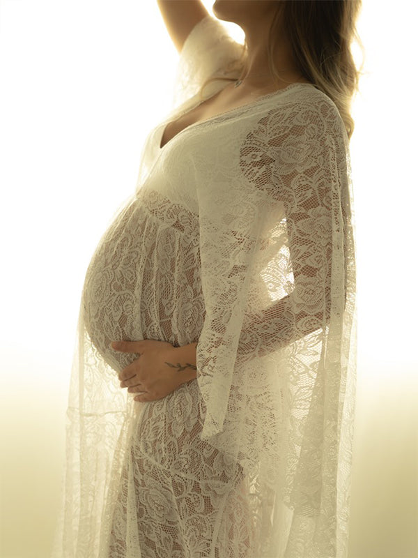 Beaumama robe longue de maternité et de grossesse shooting à manches évasées en dentelle florale style bohème