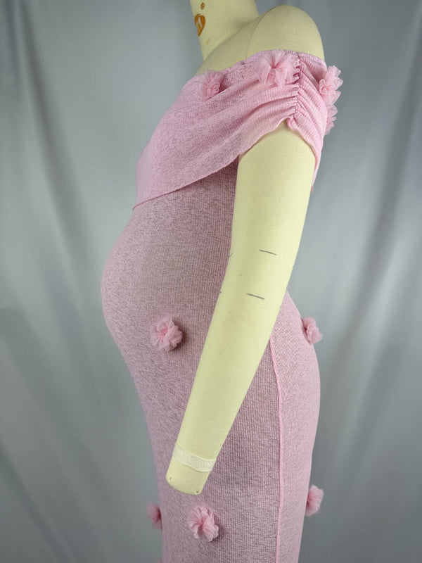 Beaumama robe longue grossesse cérémonie chic babyshower épaule dénudée tulle 3D fleurie photo moulante femme enceinte