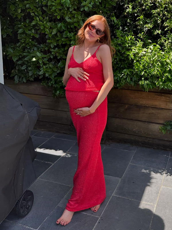 Beaumama robes longue grossesse vacances plage costume deux pièces crochet tricot brillante paillette spaghettiträger moulante femme enceinte