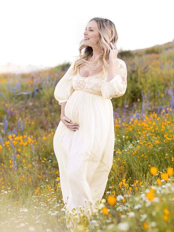 Beaumama robes shooting longue grossesse bohème broderie fleurie fluide femme enceinte