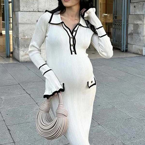 Beaumama robe longue grossesse élégant travail volants boutonnage moulante poches femme enceinte