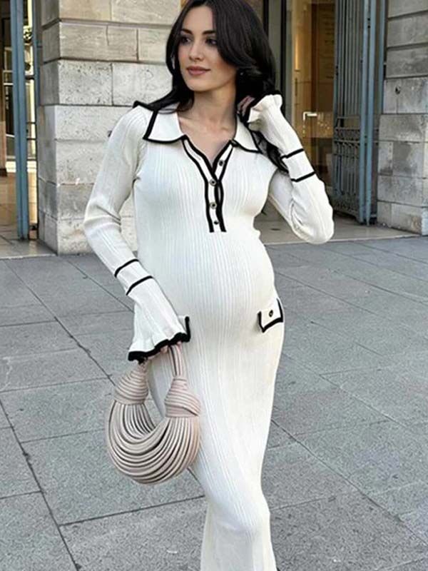 Beaumama robe longue grossesse élégant travail volants boutonnage moulante poches femme enceinte