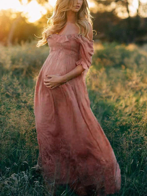 Beaumama robe longue grossesse Col bateau Volants coulisse  Dos nu shooting été femme enceinte