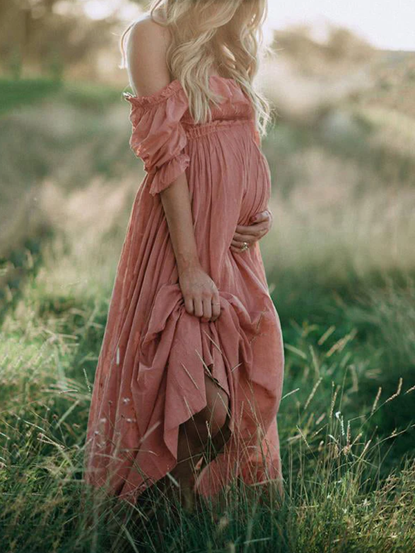 Beaumama robe longue grossesse Col bateau Volants coulisse  Dos nu shooting été femme enceinte