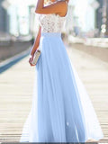 Beaumama robe longue avec dentelle mousseline fluide élégant bleu clair et blanc
