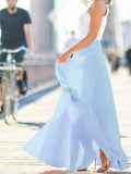 Beaumama robe longue avec dentelle mousseline fluide élégant bleu clair et blanc
