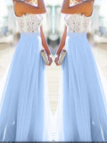 Beaumama robe longue avec dentelle mousseline fluide élégant bleu clair et blanc