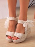Beaumama sandales à talons compensés à lacets en dentelle sandales de paille pour femmes enceinte