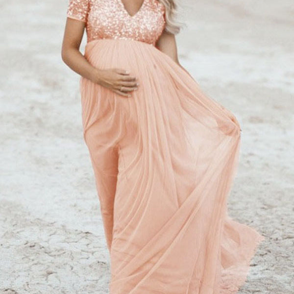 Beaumama robe baby shower longue maternité paillette longue cérémonie tulle grossesse