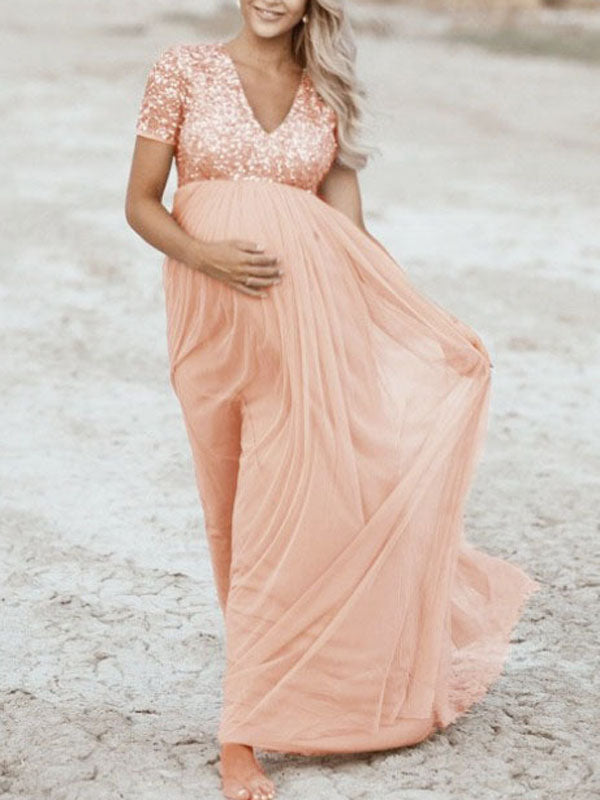 Beaumama robe baby shower longue maternité paillette longue cérémonie tulle grossesse