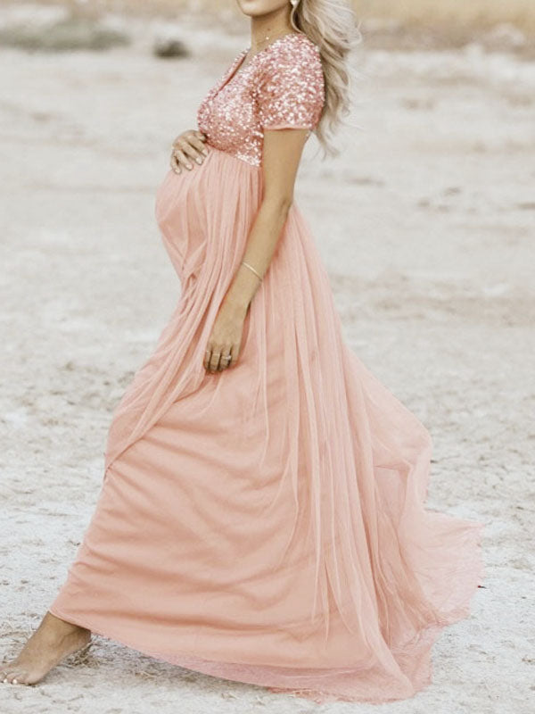 Beaumama robe baby shower longue maternité paillette longue cérémonie tulle grossesse