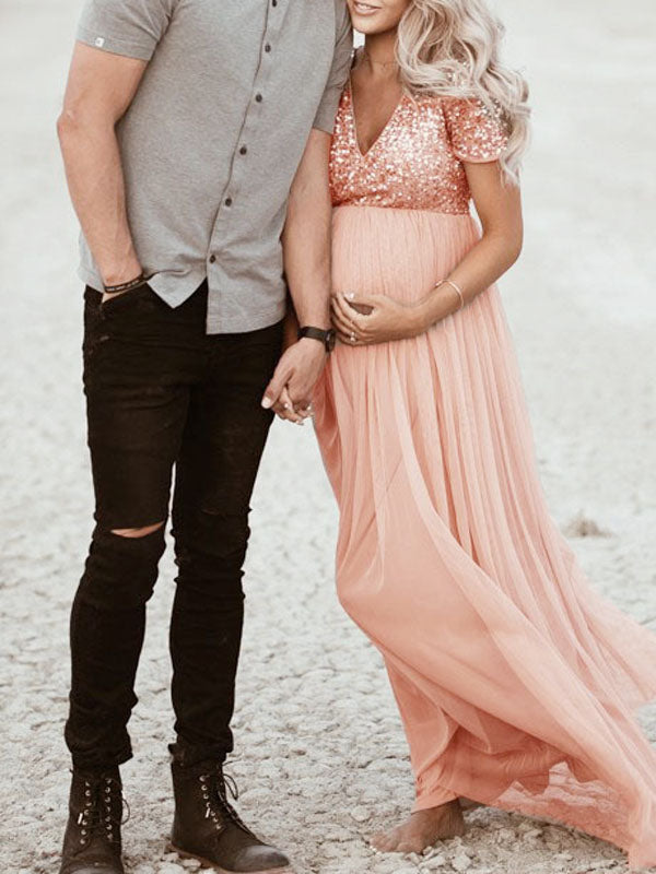 Beaumama robe baby shower longue maternité paillette longue cérémonie tulle grossesse