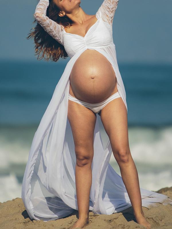 Beaumama robe longue de grossesse en dentelle v-cou fendu enceinte shooting photo