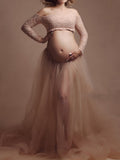 Beaumama robes longue grossese baby shower dentelle bouffante tutu col bateau costume deux pièces femme enceinte