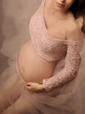 Beaumama robes longue grossese baby shower dentelle bouffante tutu col bateau costume deux pièces femme enceinte