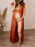 Beaumama robes longue grossese enceinte shooting volants coulisse taille boutonnage femme enceinte