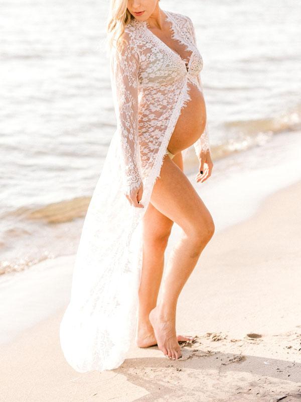 Beaumama robe longue de grossesse dentelle pour photo fente avant baby shower femme enceinte