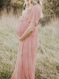 Beaumama robe photo longue grossesse fluide dentelle v-cou manches courtes femme enceinte