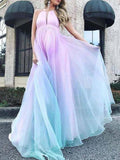 Beaumama robe longue de grossesse gradient couleur licou fluide dos nu bleu et rose