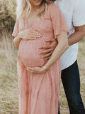 Beaumama robe photo longue grossesse fluide dentelle v-cou manches courtes femme enceinte
