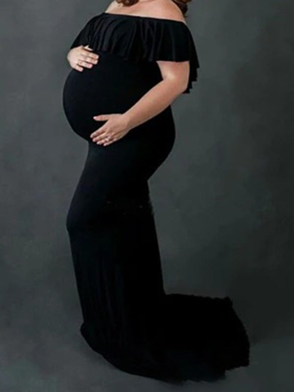 Beaumama robe longue de grossesse à volantée maternité babyshower noir