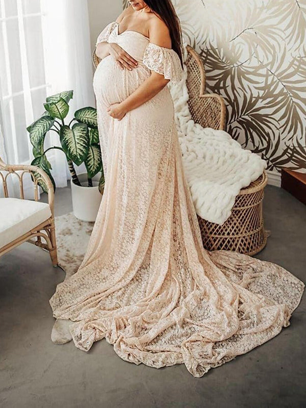Beaumama robes photo longue grossesse élégant enceinte shooting baby shower dentelle volants queue femme enceinte