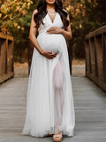 Beaumama robes photo fente avant grossesse élégant strap fendu le côté croisé dos tulle décolleté plongeant femme enceinte
