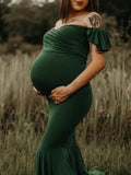 Beaumama robes photo longue grossesse élégant baby shower volants sirene fendu le côté moulante queue femme enceinte