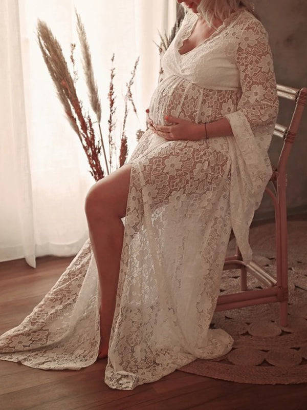 Beaumama robes photo longue grossesse élégant enceinte shooting baby shower dentelle fendu le côté queue transparent femme enceinte
